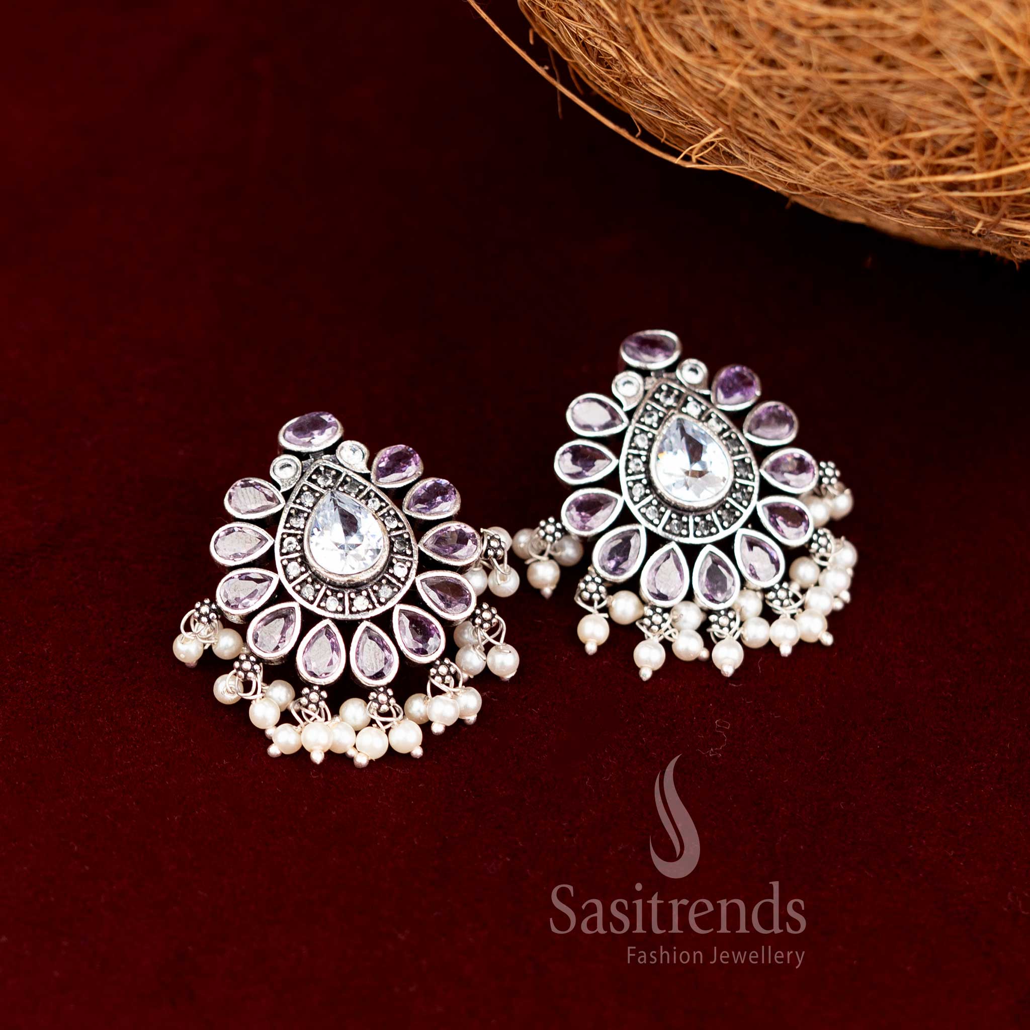 Regal Oxidised Chandbali Style Stud Earrings With Purple Faceted Stones And Pearl Drops – Luxury Designer Jewellery Sasitrends