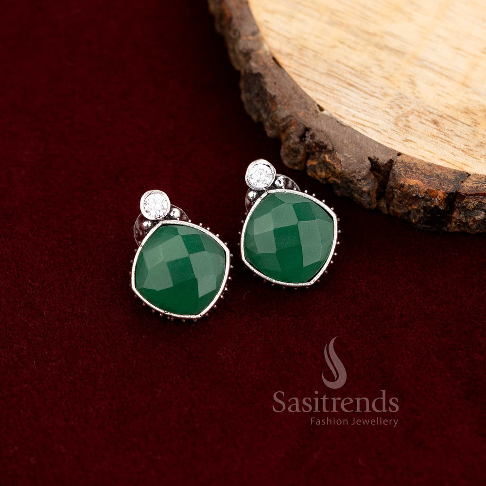 Ethnic oxidised cushion and crystal stud earrings for Navarathri - Sasitrends