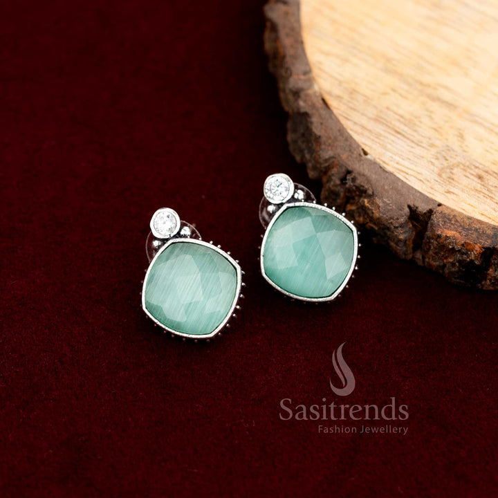Mint Ethnic oxidised cushion and crystal stud earrings for Navarathri - Sasitrends