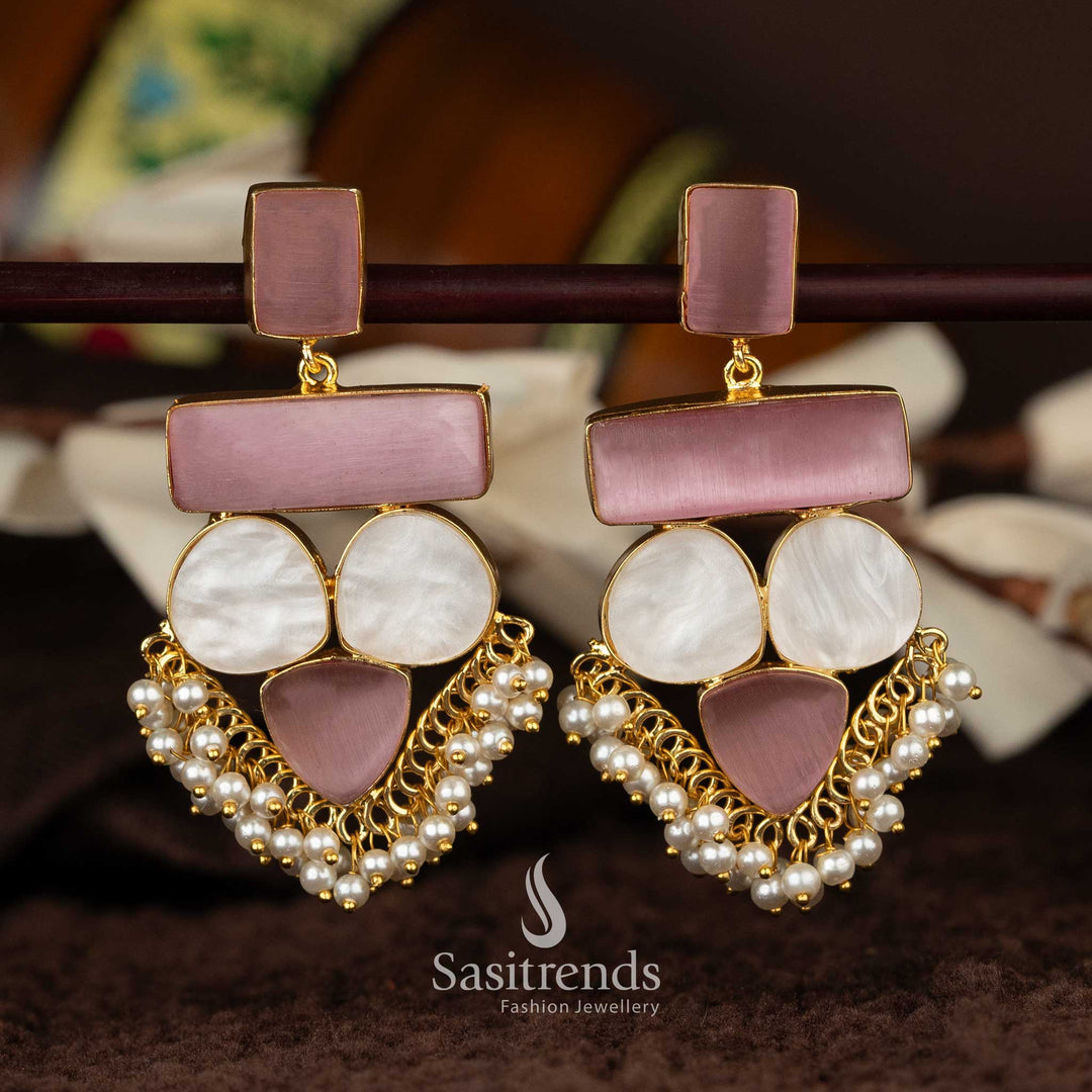 Elegant Party Wear Liana Gold Plated Mother of Pearl and Stone Dangle Earrings with Pearls Sasitrends