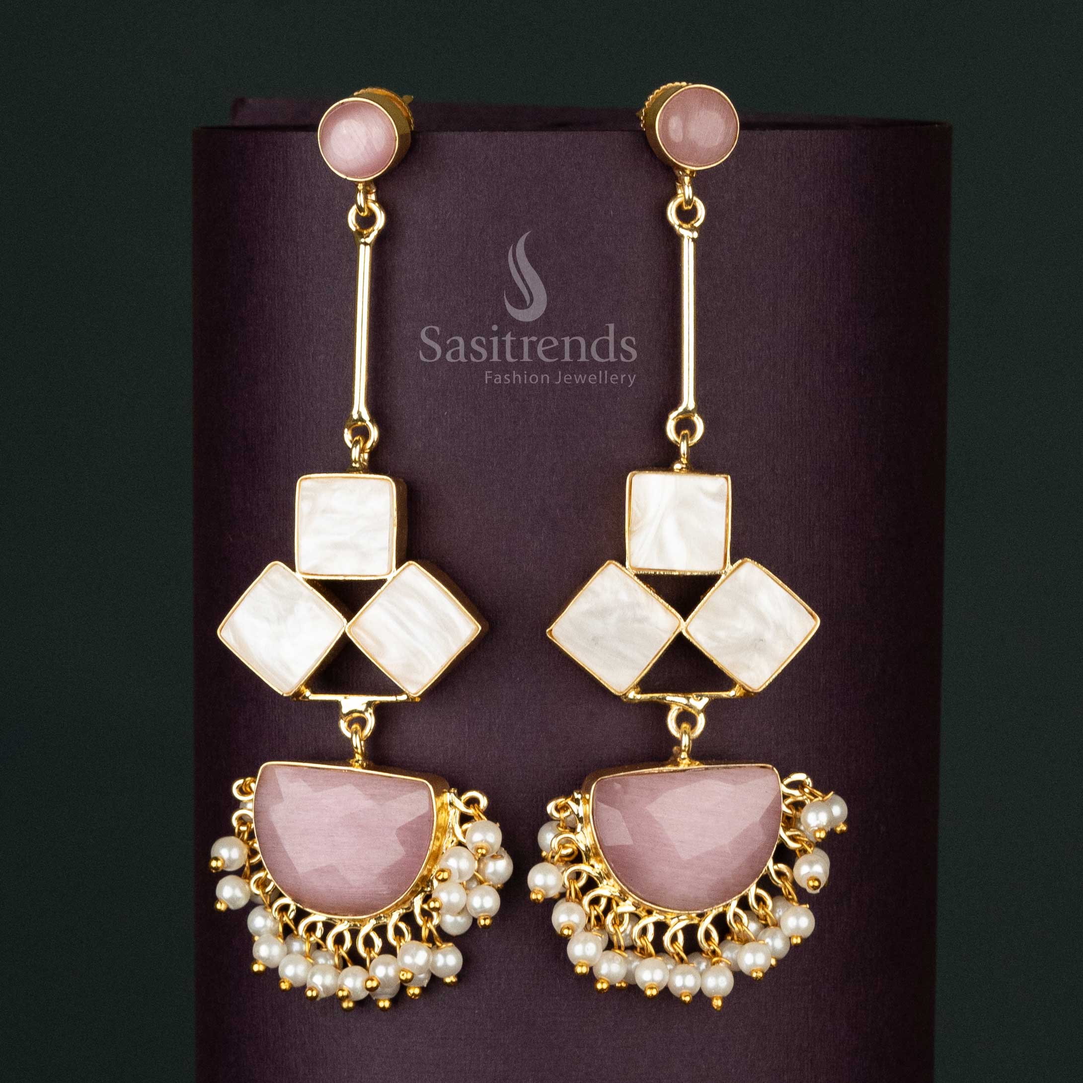 Delicate Pink Liana Gold-Plated Dangle Earrings with Pearls and Mother of Pearl Drop for Elegant Occasions - Sasitrends