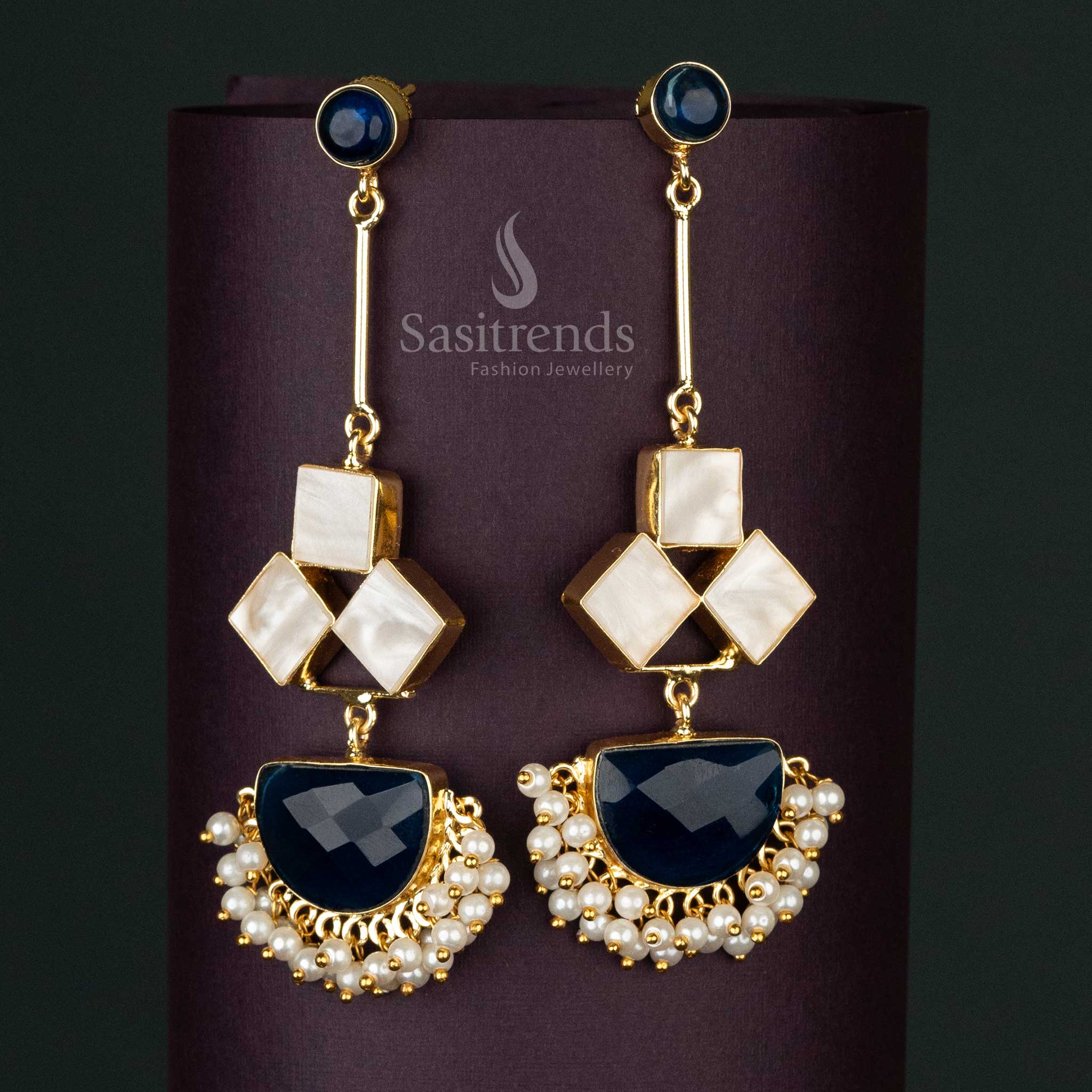 Elegant Party Wear Liana Gold-Plated Dangle Earrings in Blue with Pearls and Mother of Pearl Drops - Sasitrends