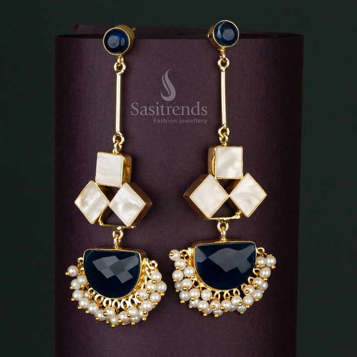 Elegant Party Wear Liana Gold-Plated Dangle Earrings in Blue with Pearls and Mother of Pearl Drops - Sasitrends