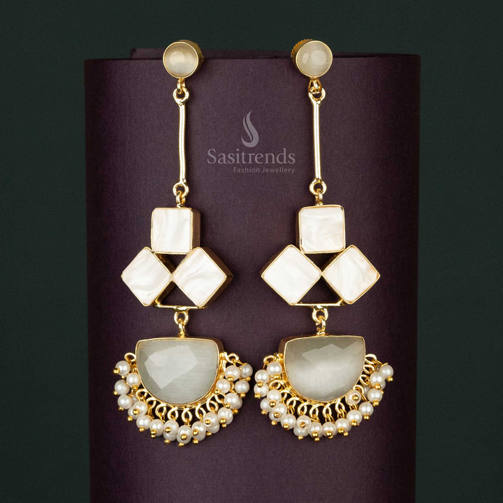 Pristine White Liana Gold-Plated Dangle Earrings with Pearls and Mother of Pearl Drop for Chic Formal Wear - Sasitrends