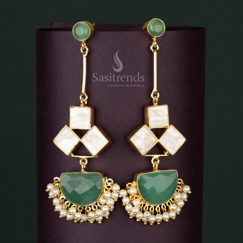 Sophisticated Liana Gold-Plated Dangle Earrings in mint with Mother of Pearl and Pearls Drop for Classy Occasions - Sasitrends