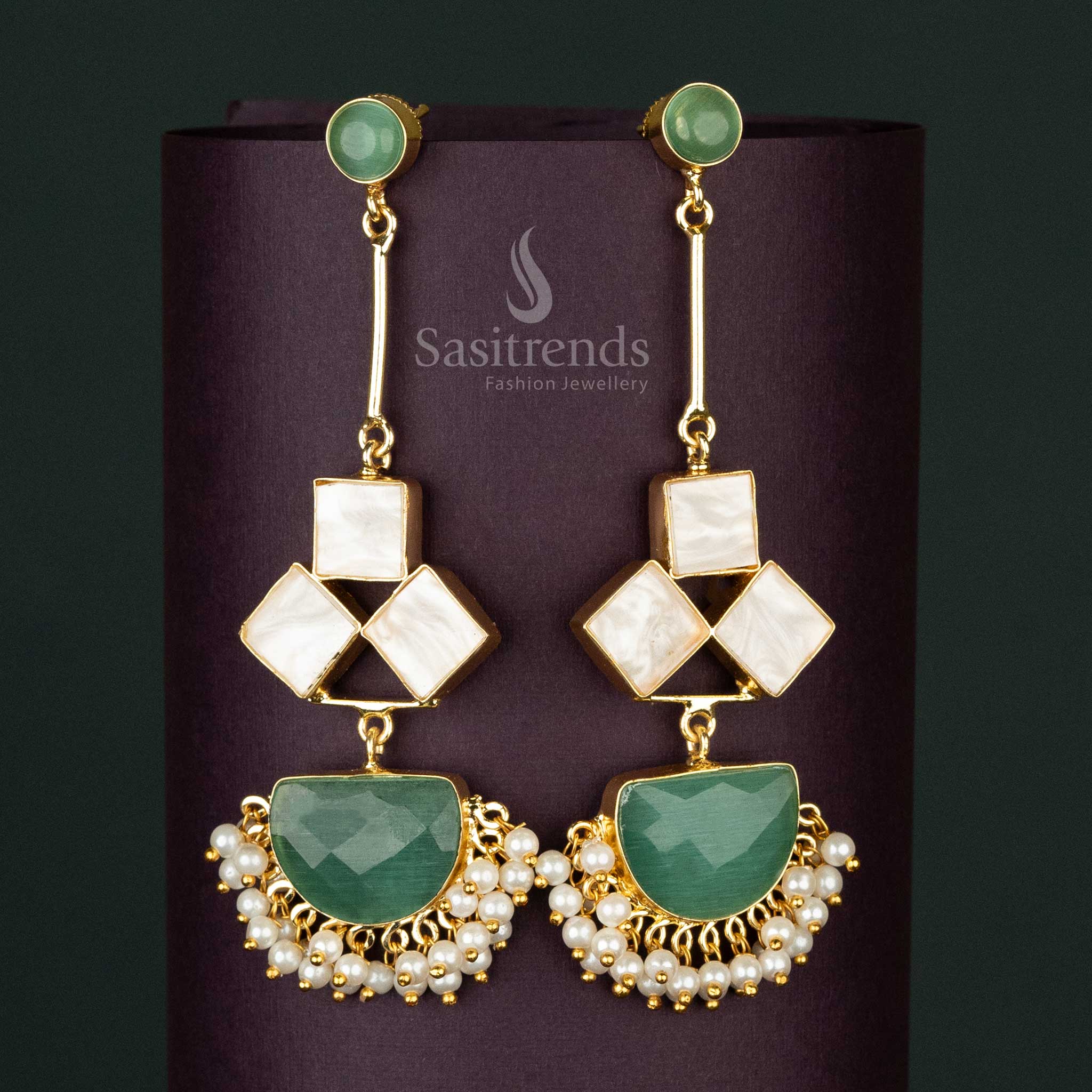 Sophisticated Liana Gold-Plated Dangle Earrings in mint with Mother of Pearl and Pearls Drop for Classy Occasions - Sasitrends