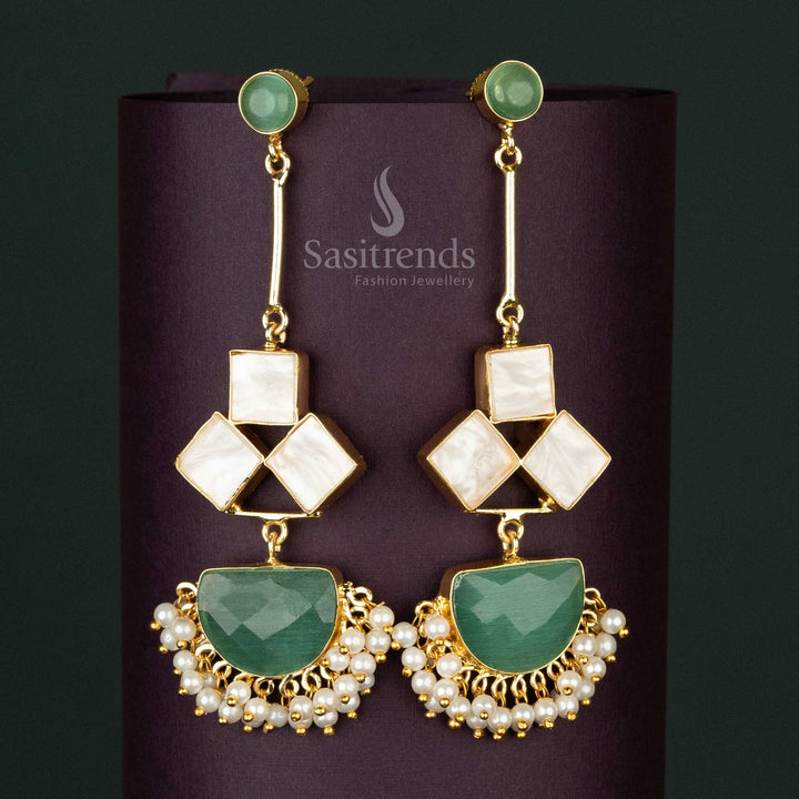 Sophisticated Liana Gold-Plated Dangle Earrings in mint with Mother of Pearl and Pearls Drop for Classy Occasions - Sasitrends