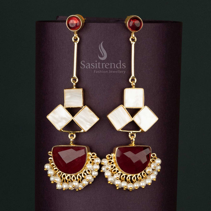 Elegant Ruby Liana Gold-Plated Dangle Earrings with Mother of Pearl and Pearls Drop for Special Occasions - Sasitrends