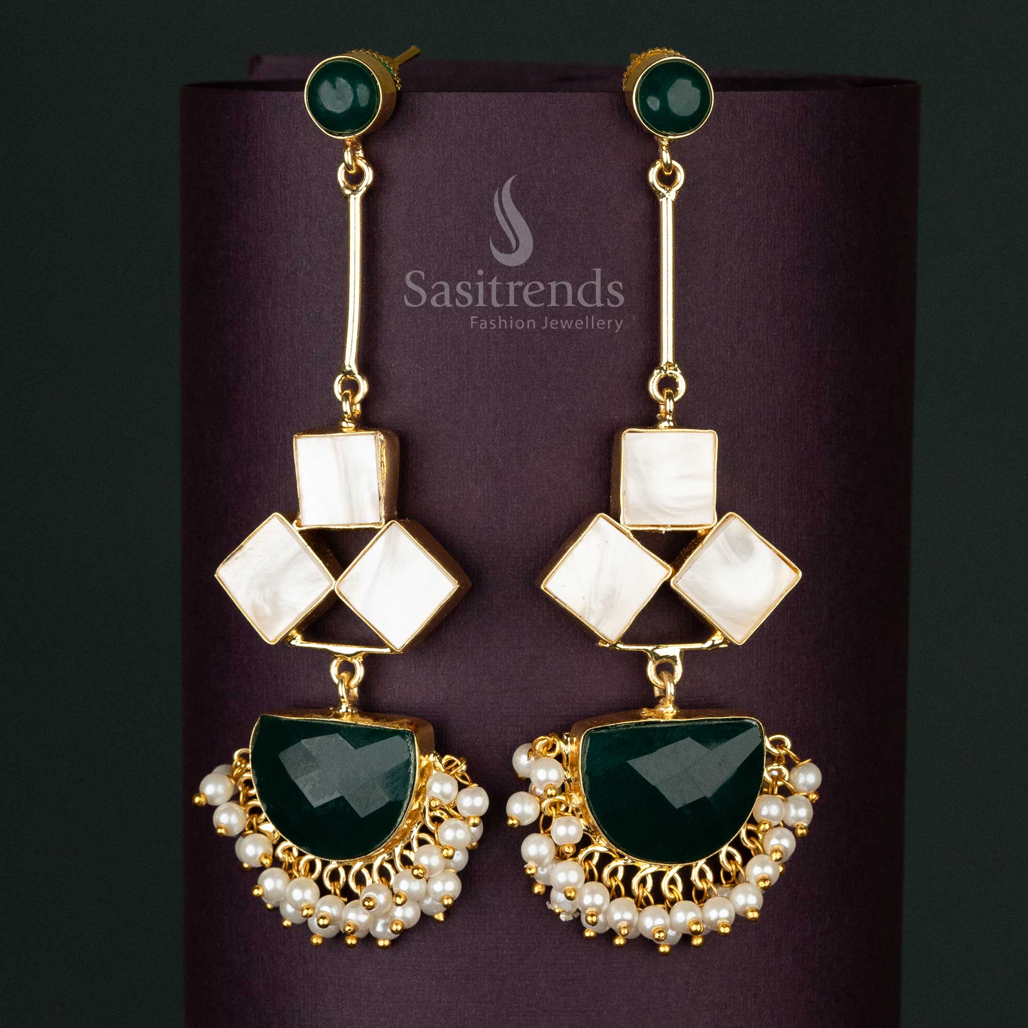 Luxurious Green Liana Gold-Plated Dangle Earrings with Mother of Pearl and Pearls Drop for Sophisticated Look - Sasitrends