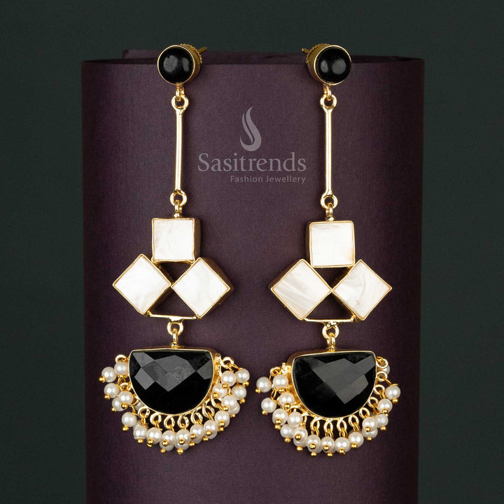 Glamorous Black Liana Gold-Plated Dangle Earrings with Pearls and Mother of Pearl Drop for Elegant Evenings - Sasitrends