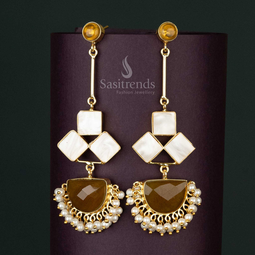 Radiant Yellow Liana Gold-Plated Dangle Earrings with Mother of Pearl and Pearls Drop for Elegant Party Wear - Sasitrends