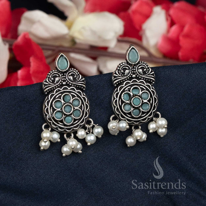 Oxidised Floral Stud Earrings In Mint Colour With Clustered Pearls – A Graceful Choice For Office And Casual Outfits – Sasitrends