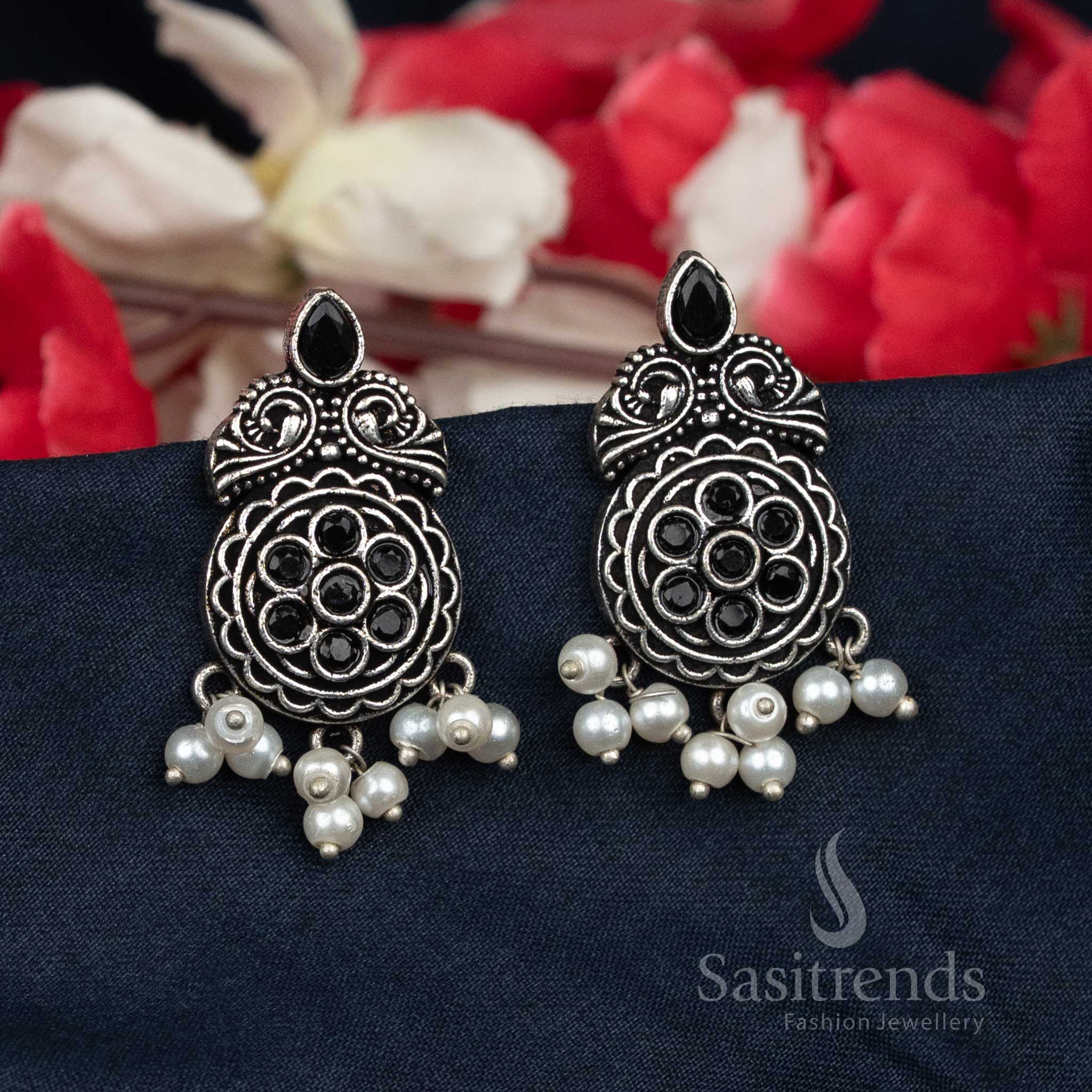 Black Oxidised Ethnic Floral Earrings With Pearl Clusters – Suitable For Office Wear And Casual Styling – Sasitrends