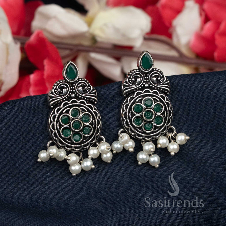 Oxidised Ethnic Stud Floral Earrings with Clustered Pearls - Great For Daily Wear And Regular Outings- Sasitrends