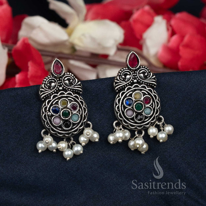 Multi Colour Oxidised Floral Stud Earrings Accentuated With Clustered Pearls – Ideal For Casual And Day-To-Day Outfits – Sasitrends