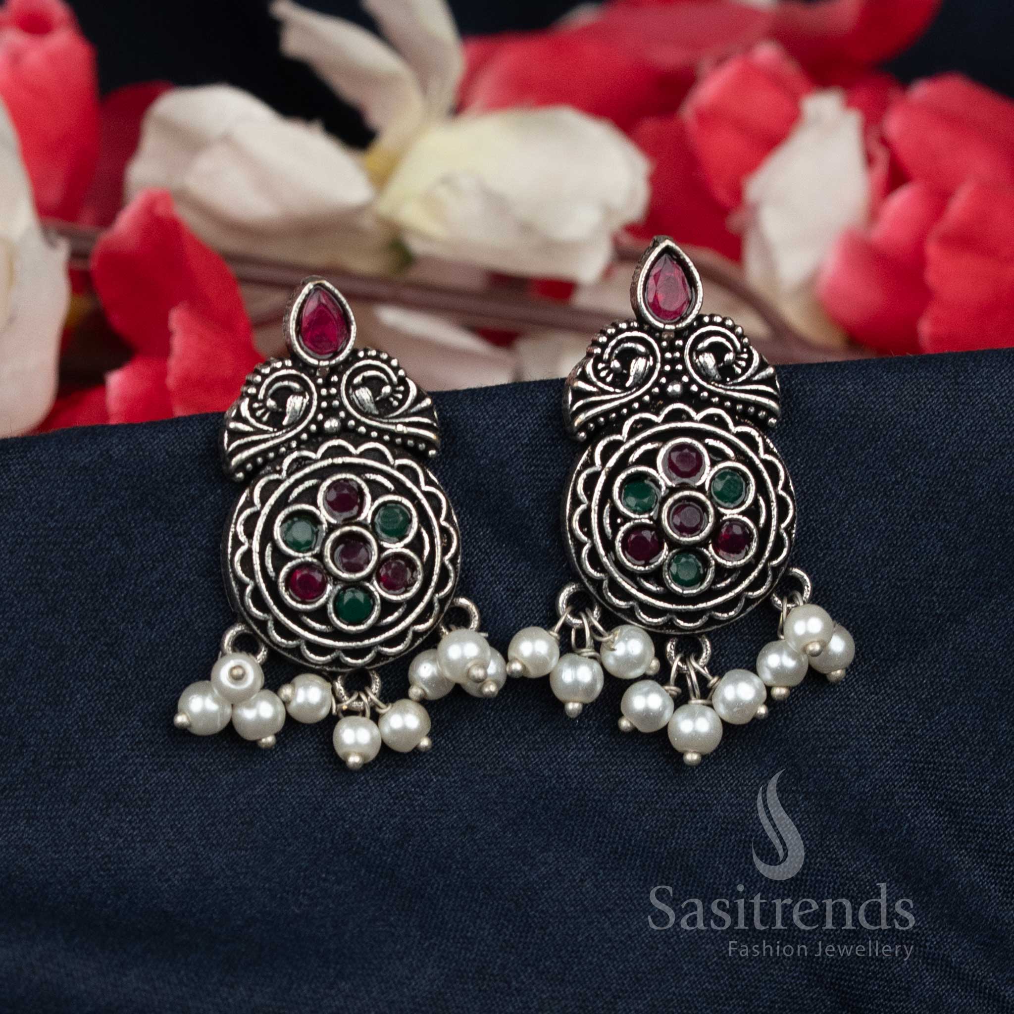 Ruby-Green Oxidised Floral Stud Earrings With Clustered Pearls – Suitable For Office Wear And Daily Elegance – Sasitrends