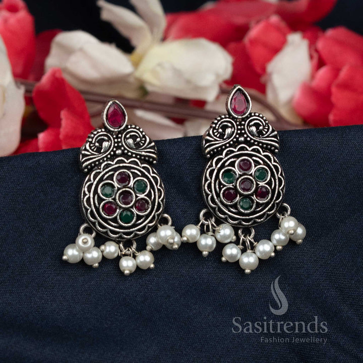 Ruby-Green Oxidised Floral Stud Earrings With Clustered Pearls – Suitable For Office Wear And Daily Elegance – Sasitrends