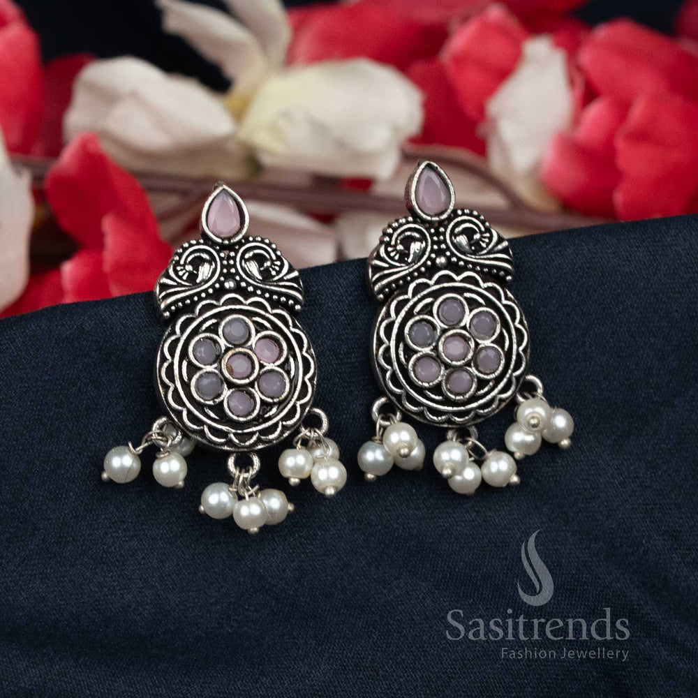 Oxidised Floral Stud Earrings In Pink Colour With Pearls – Elegant Daily And Office Wear Option – Sasitrends

