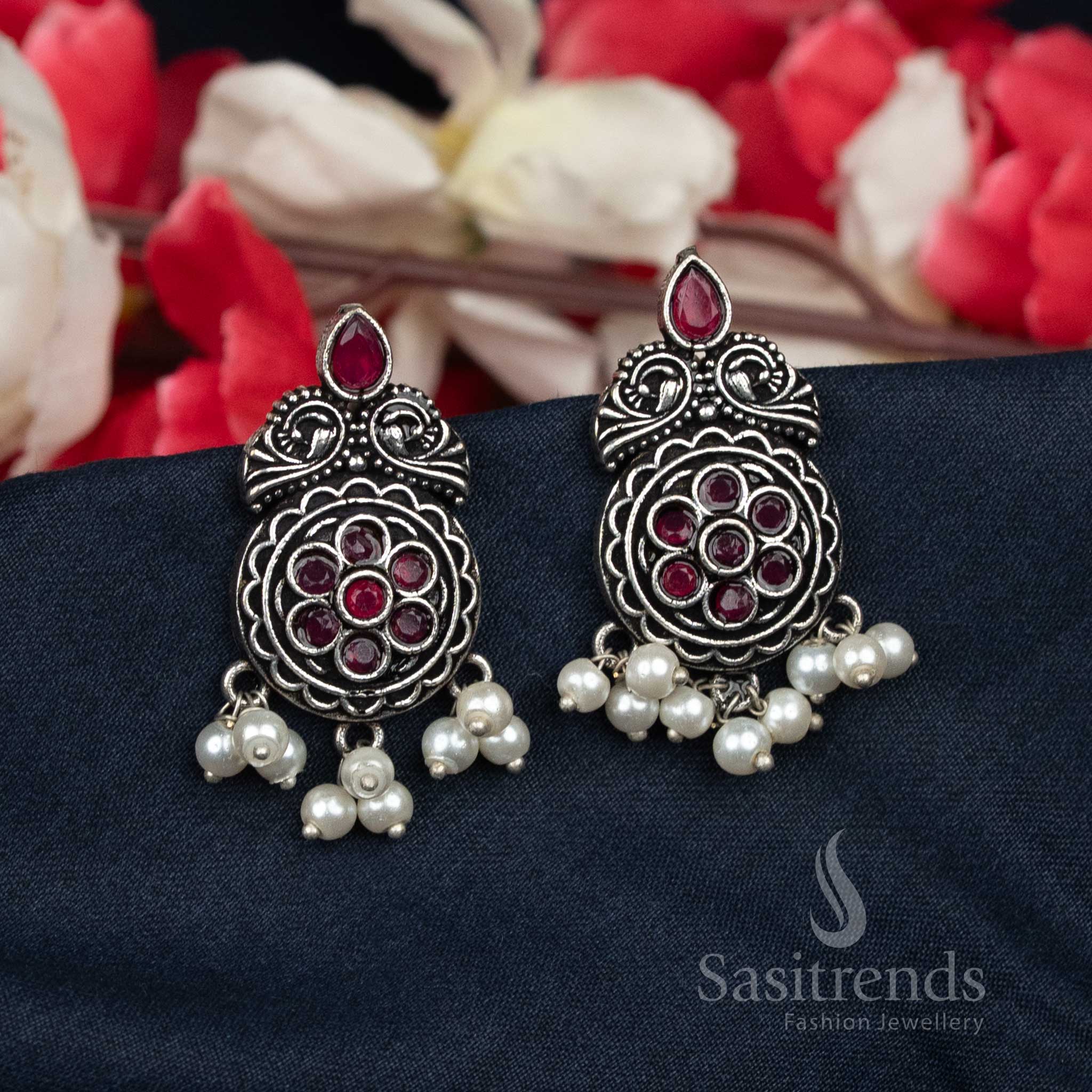 Oxidised Stud Earrings In Ruby Colour With Floral Pattern And Pearls – Great For Everyday And Daily Wear – Sasitrends