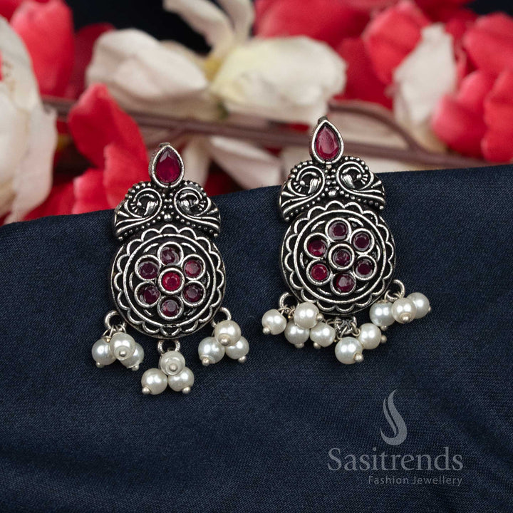 Oxidised Stud Earrings In Ruby Colour With Floral Pattern And Pearls – Great For Everyday And Daily Wear – Sasitrends
