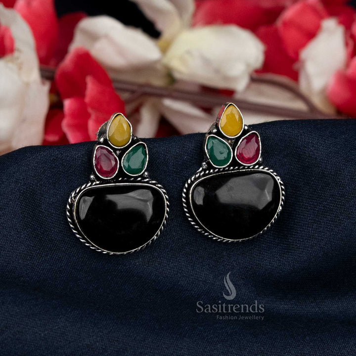Oxidised Silver Floral Stud Earrings with Multicolor Stone Design - Sasitrends