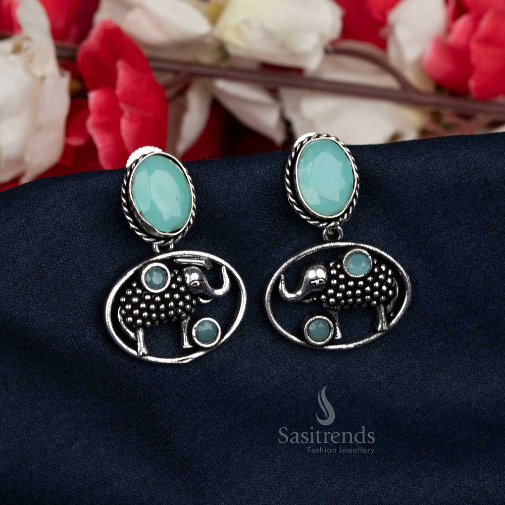 Mint Oval Stone Oxidised Earrings with Elephant Motif – Simple Office Wear Accessory with a Cool Tone – Sasitrends