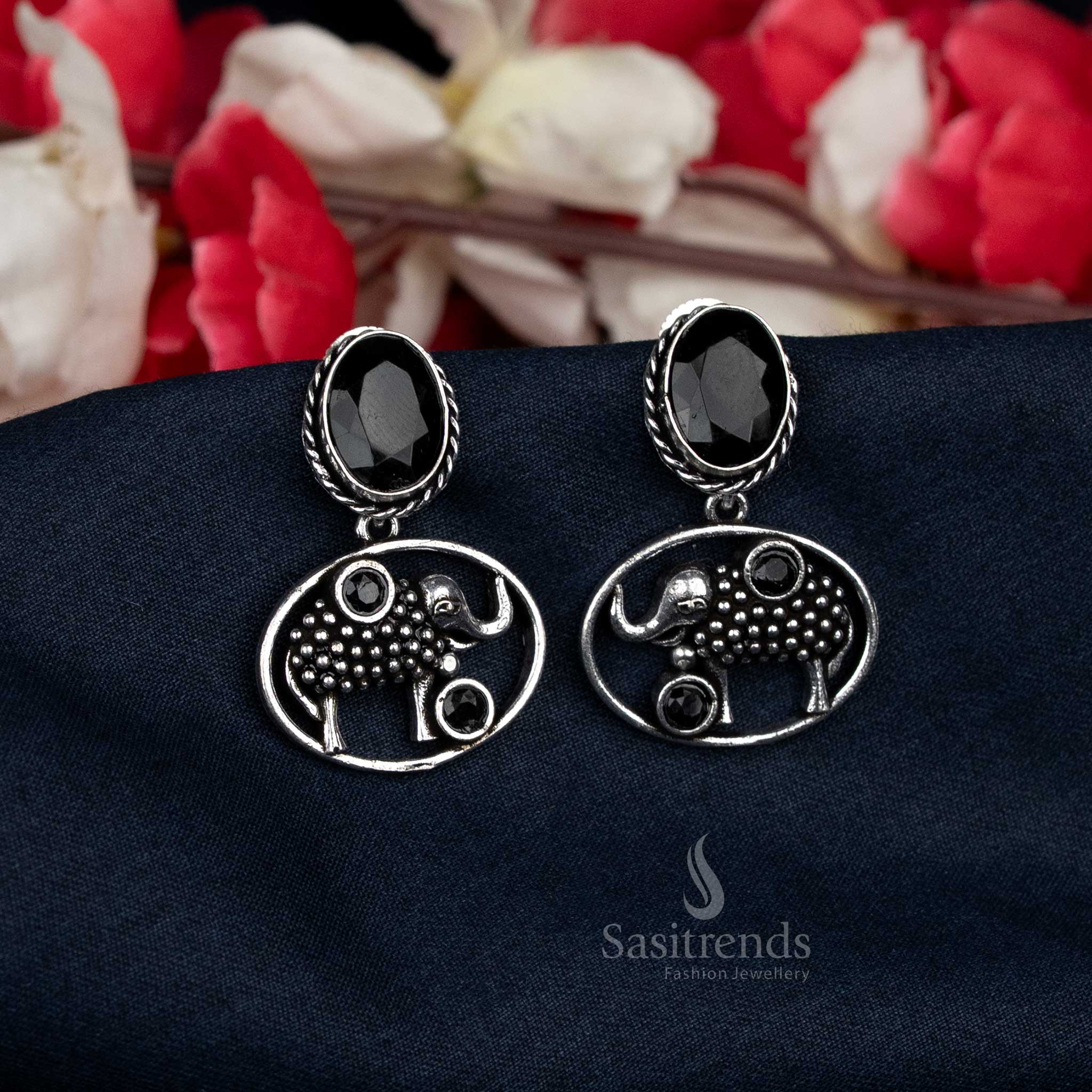 Bold Oxidised Earrings with Black Oval Stone and Elephant Carving – Made for College Wear Looks – Sasitrends