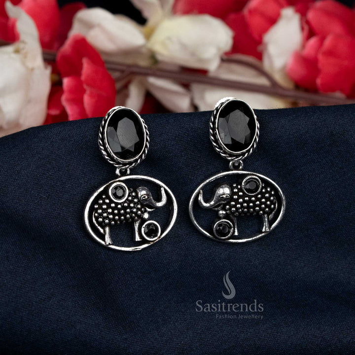 Bold Oxidised Earrings with Black Oval Stone and Elephant Carving – Made for College Wear Looks – Sasitrends