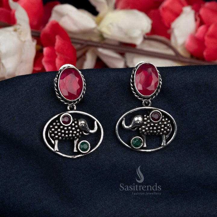 Oxidised Daily Wear Earrings with Ruby-Green Oval Stones and Elephant Carving – Light and Stylish – Sasitrends