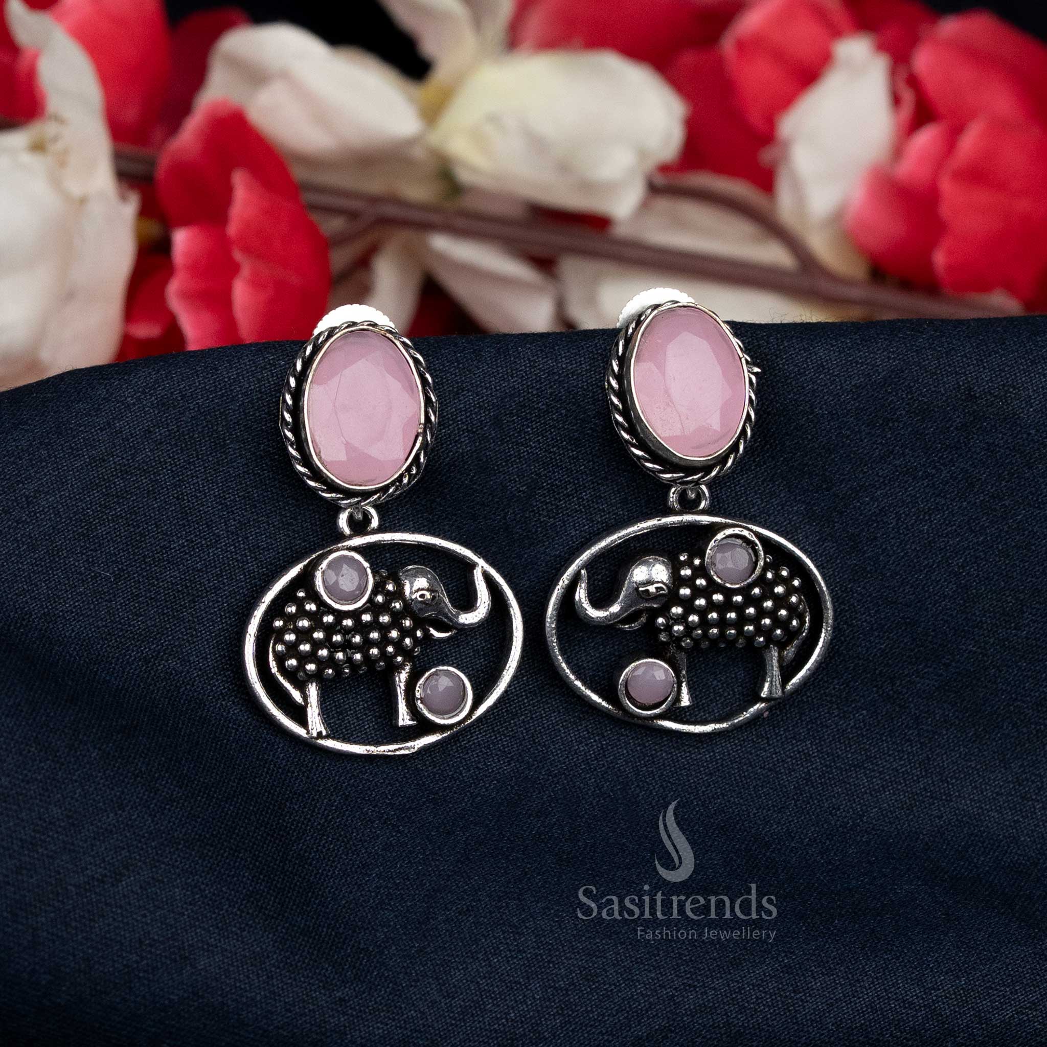 Office Wear Oxidised Earrings with Soft Pink Oval Stone and Elephant Pattern – Comfortable and Neat Look – Sasitrends