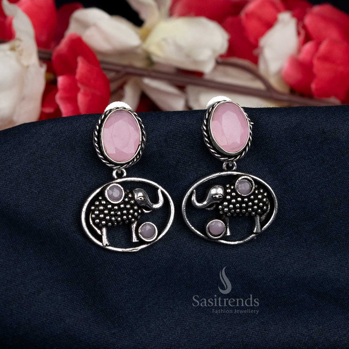 Office Wear Oxidised Earrings with Soft Pink Oval Stone and Elephant Pattern – Comfortable and Neat Look – Sasitrends