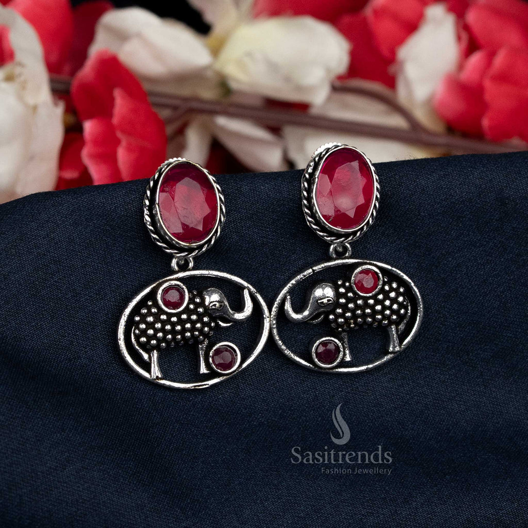 Ruby Colour Oval Stone Earrings with Oxidised Elephant Design – Casual College Wear Favourite – Sasitrends