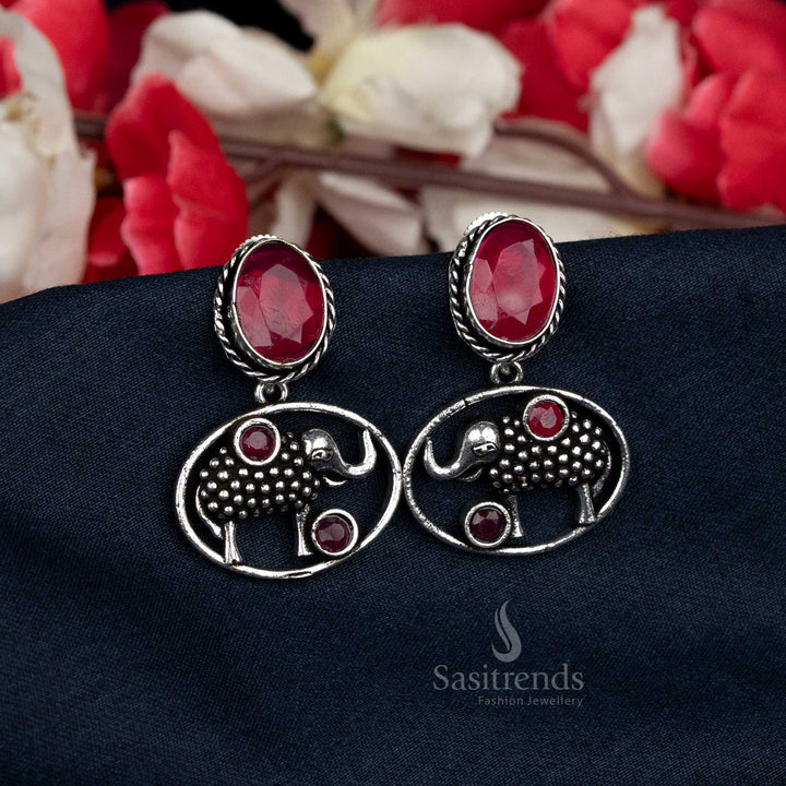 Oxidised Elephant Motif Earrings with Oval Stone - A Fun Casual Wear Accessory for Day Outfits - Sasitrends