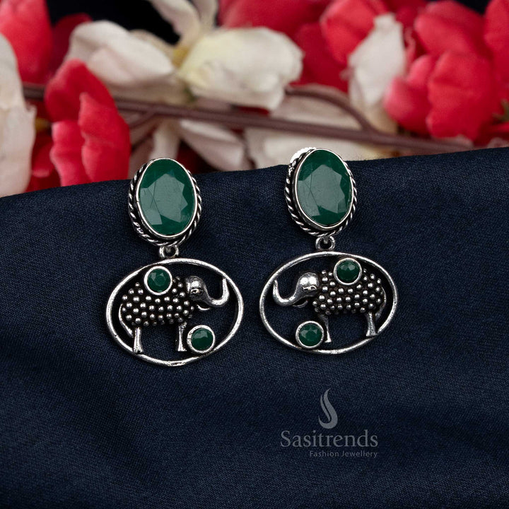 Elephant Motif Oxidised Earrings Adorned with Green Oval Stone – Perfect for Casual Wear Coordination – Sasitrends