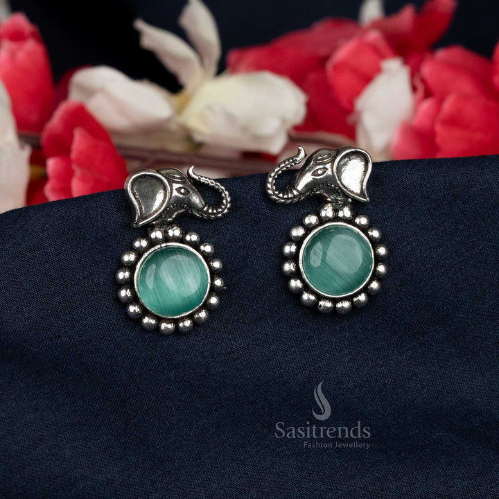 Sasitrends Oxidised Elephant Design Stud Earrings with Round Stone - Sasitrends