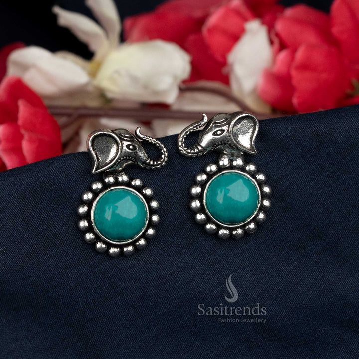 Traditional oxidised elephant earrings with central bead -Sasitrends