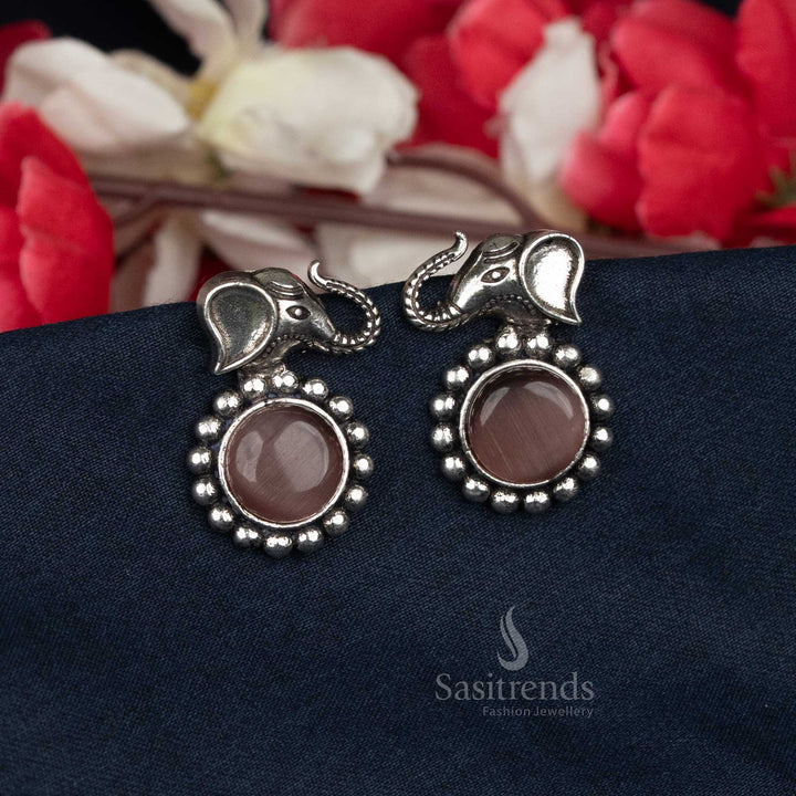 Traditional oxidised elephant earrings with central bead -Sasitrends