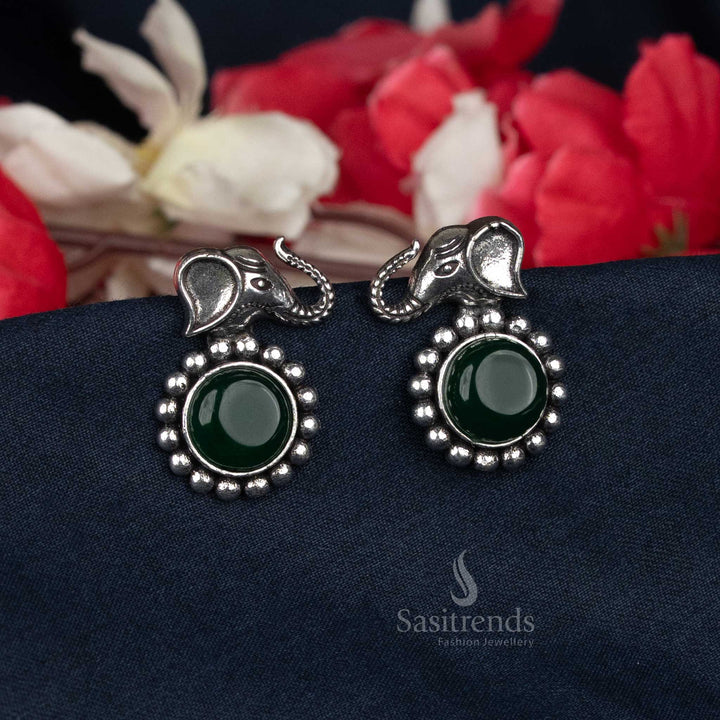 Traditional oxidised elephant earrings with central bead -Sasitrends