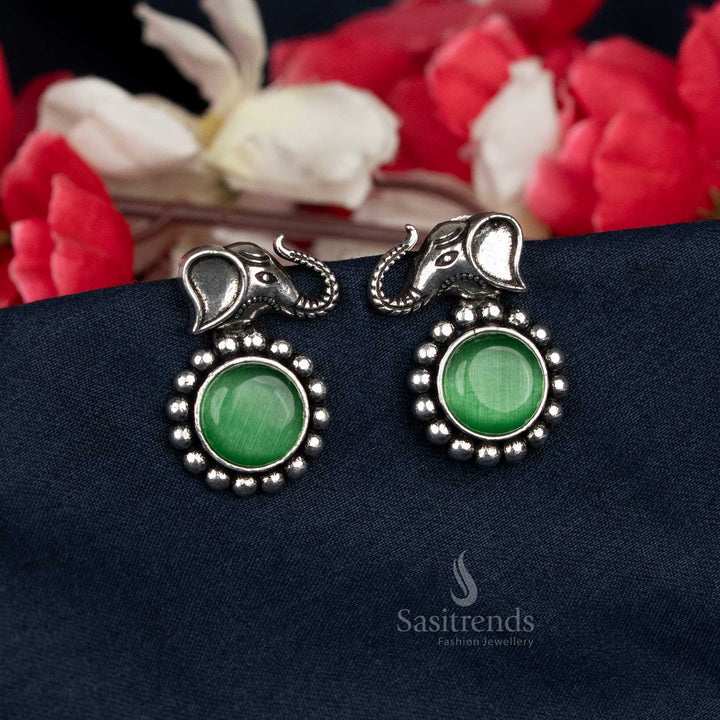 Traditional oxidised elephant earrings with central bead -Sasitrends