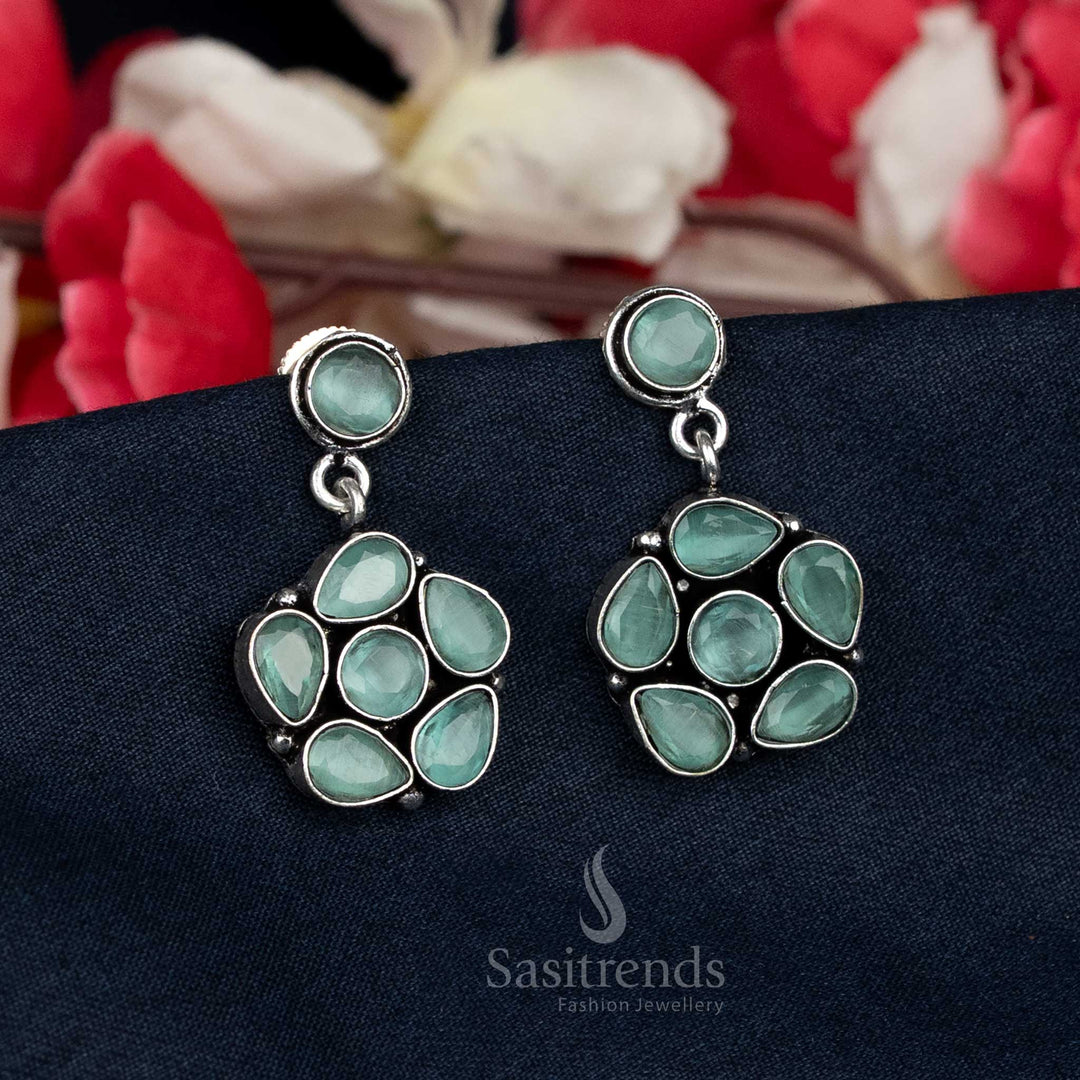 Oxidised floral stud earrings with teardrop stones - Sasitrends