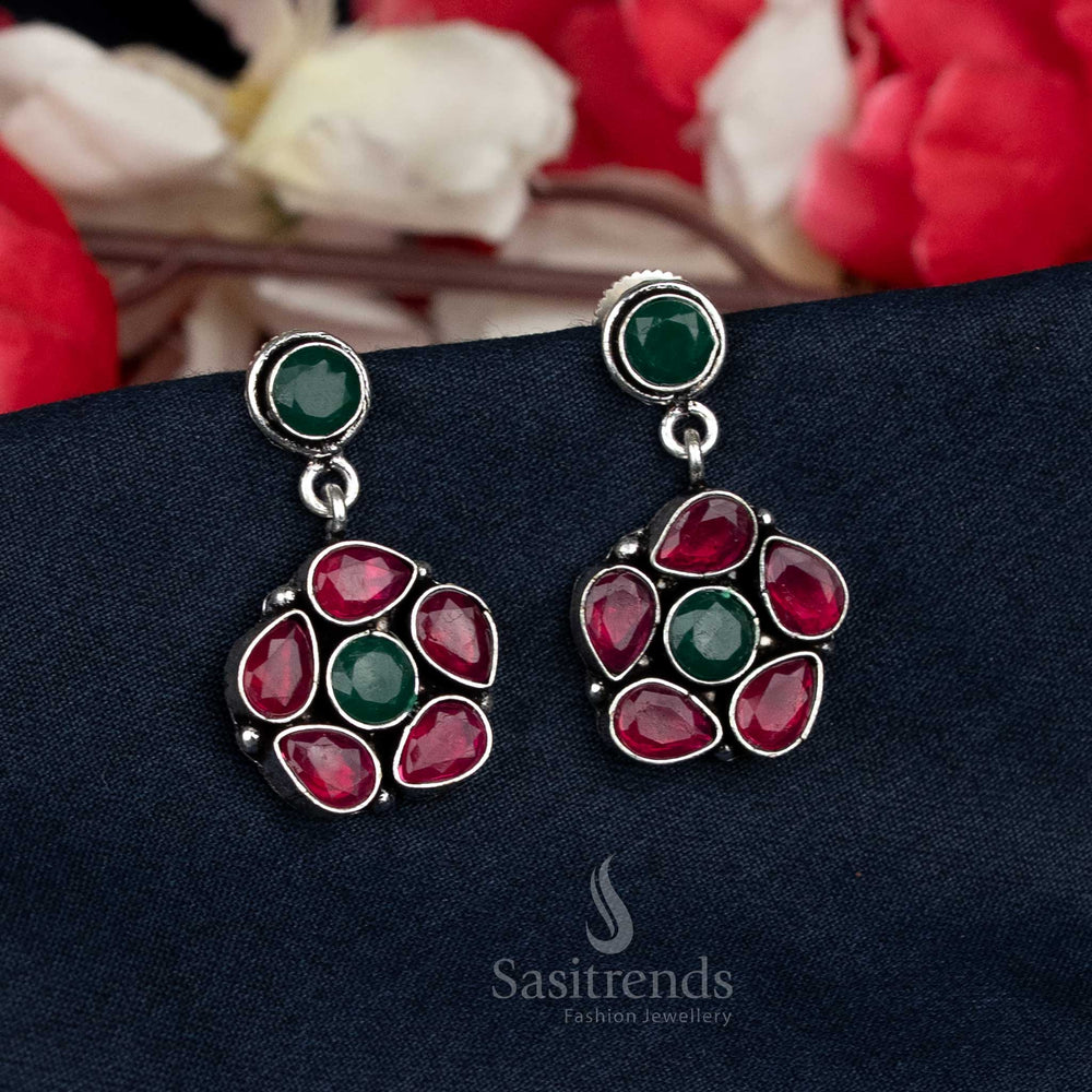 Oxidised floral stud earrings with teardrop stones - Sasitrends