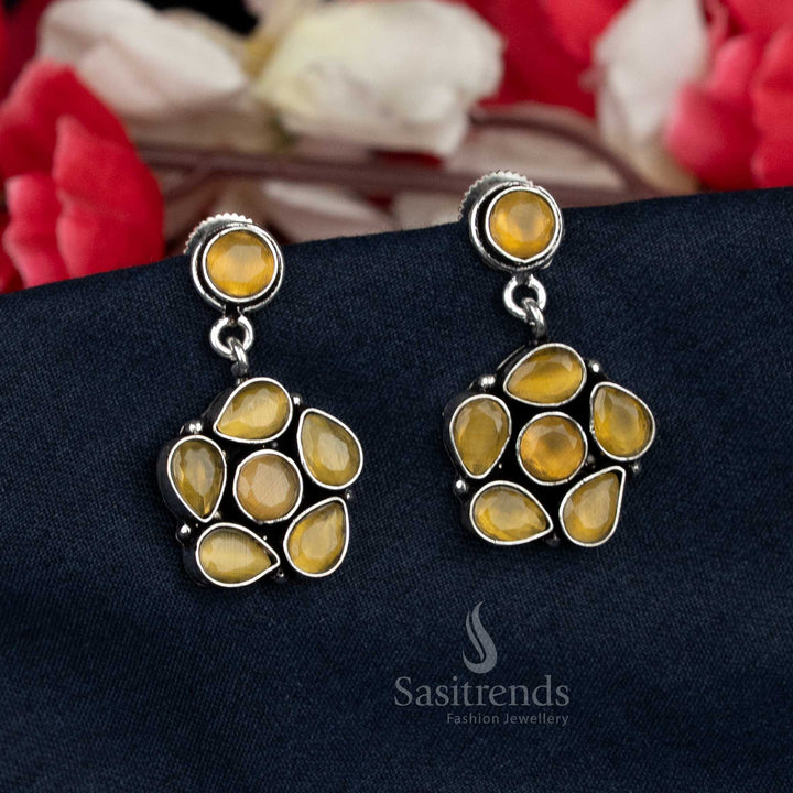 Oxidised floral stud earrings with teardrop stones - Sasitrends