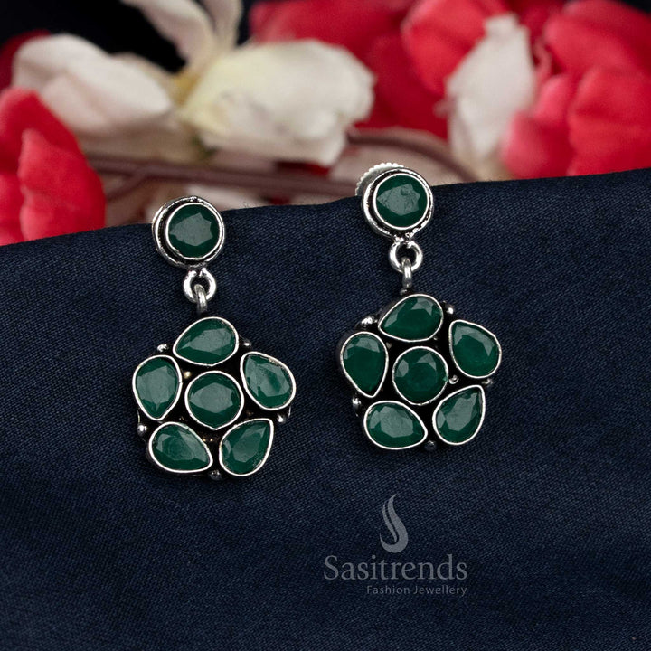 Oxidised floral stud earrings with teardrop stones - Sasitrends