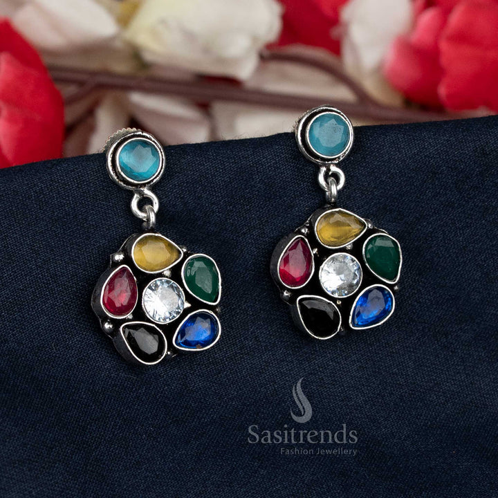 Traditional oxidised earrings with crystal floral pattern - Sasitrends