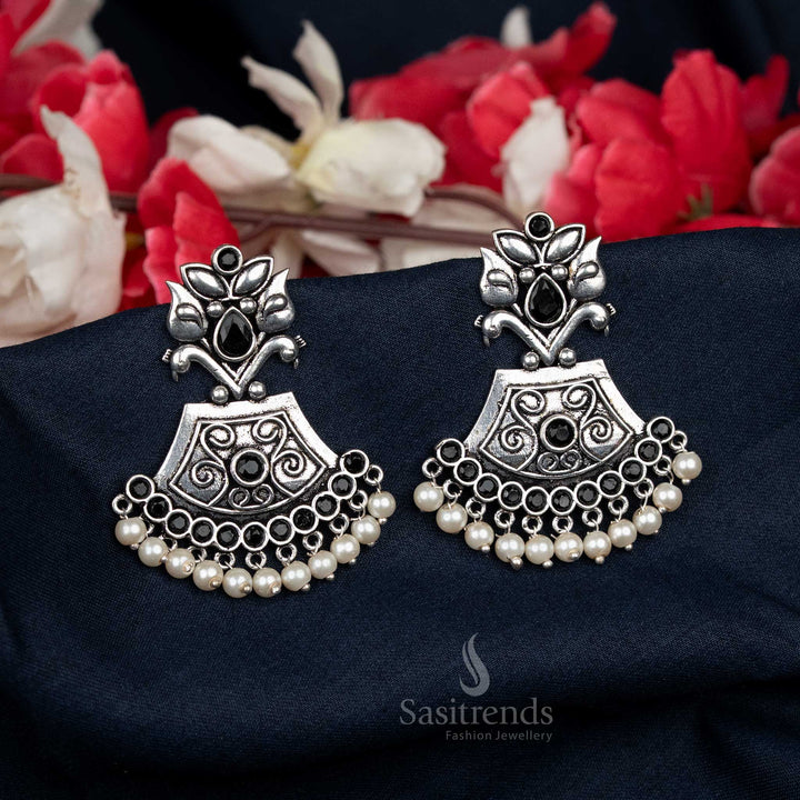 Black Oxidised Temple Dome Earrings Embellished with Pearls – Ideal for College Casual Combinations – Sasitrends