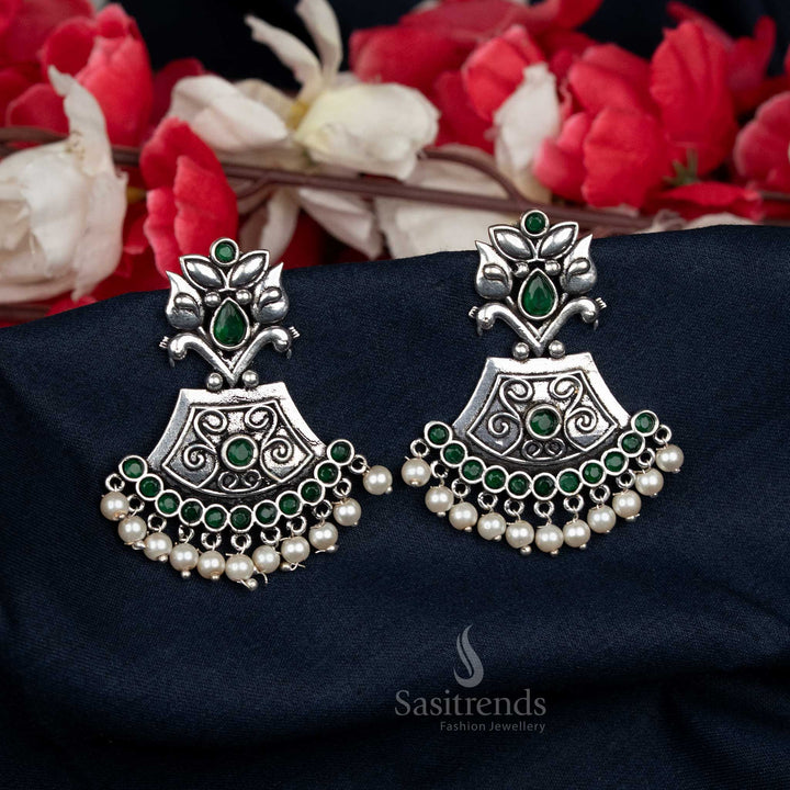Oxidised Dome Earrings in Green with Temple Carving and Pearl Hangings – Designed for Office Wear Looks – Sasitrends