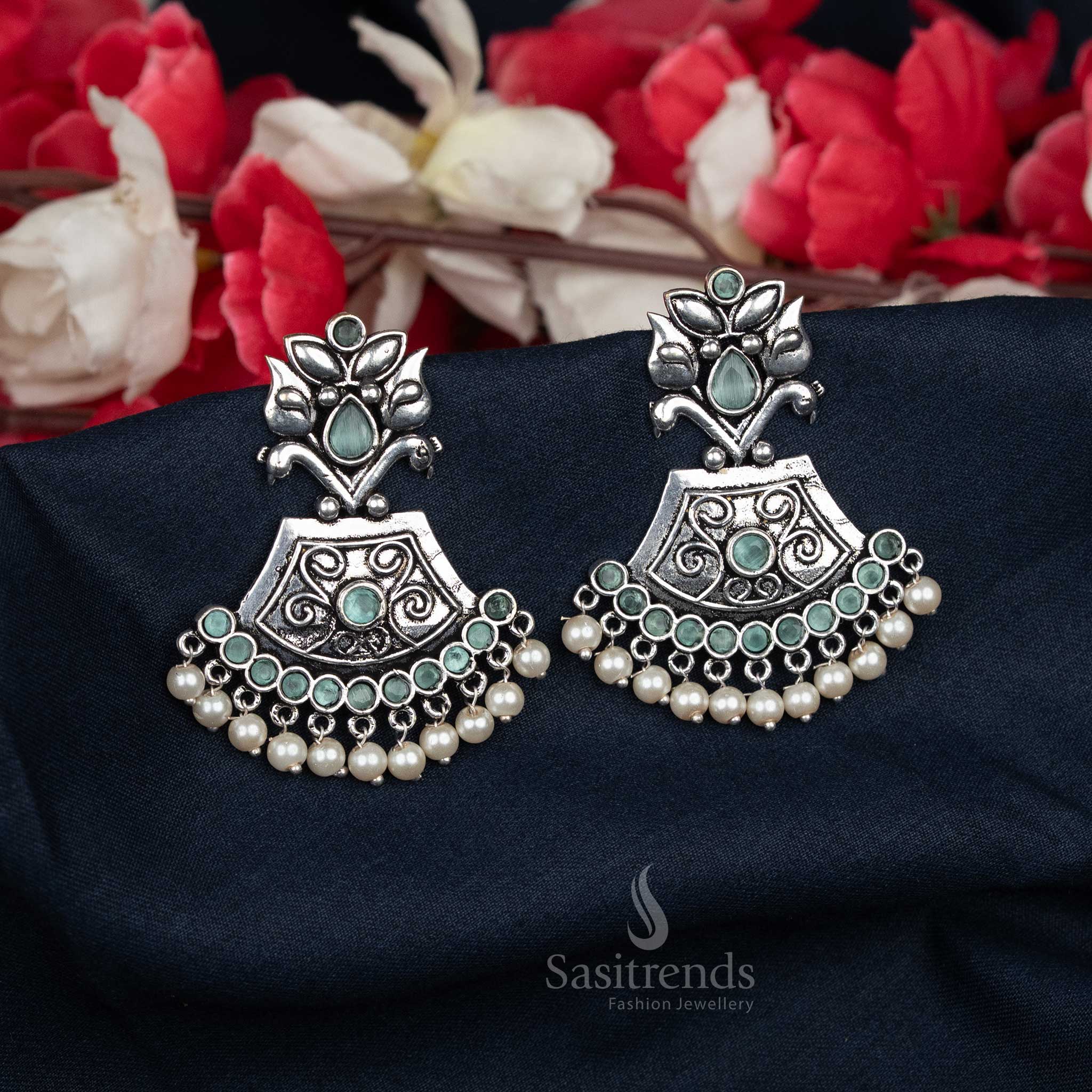 Daily Wear Oxidised Dome Earrings in Mint Colour with Pearls – Subtle and Lightweight Accessory – Sasitrends