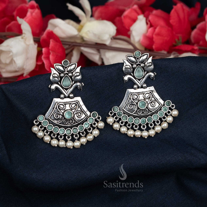 Daily Wear Oxidised Dome Earrings in Mint Colour with Pearls – Subtle and Lightweight Accessory – Sasitrends