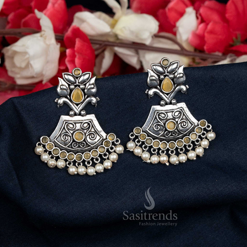 Oxidised Dome Earrings with Yellow Touch and Pearl Drops – Perfect Choice for Casual Daywear – Sasitrends