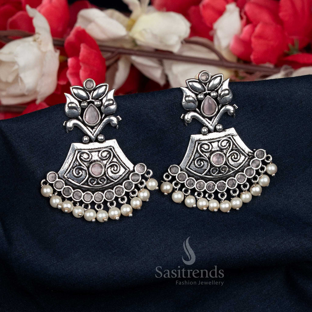Oxidised Dome Earrings with Pink Tint and Pearl Drops – Effortless Pairing with Casual Workwear – Sasitrends